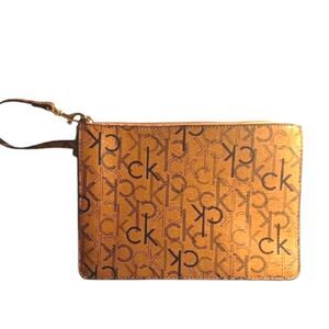 Calvin Klein Tan Monogram Logo Signature Zippered Pouch 9x6.5